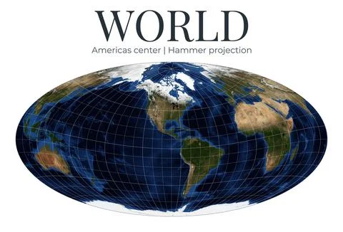 World Map. Hammer projection centered on Americas. Detailed physical Earth .. Ilustração Stock