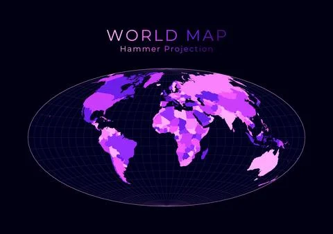 World Map. Hammer projection. Digital world illustration. Bright pink neon .. Stock Illustration