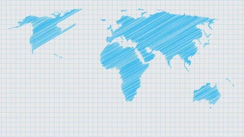 World map hand drawn and animated. Illustration on a school notebook page. Stock Footage 309133095