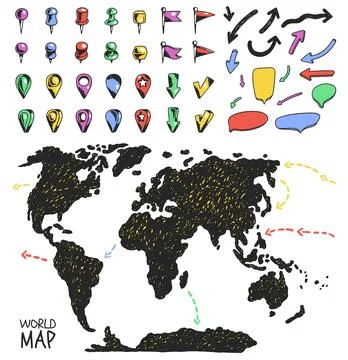 World map hand drawn in doodle sketchy style, complete with pointer pins, tacks Stock Illustration