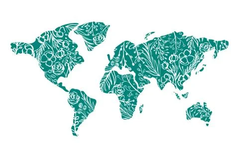 World map Hand drawn with flowers for Valentines Day. Vector flat illustration Stock Illustration