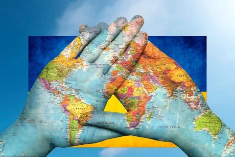World map in hands against the sky Stock Photos