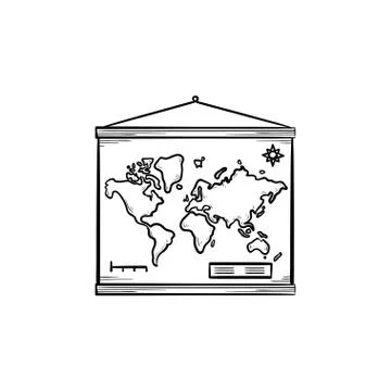 World map hanging on the wall hand drawn outline doodle icon. Stock Illustration