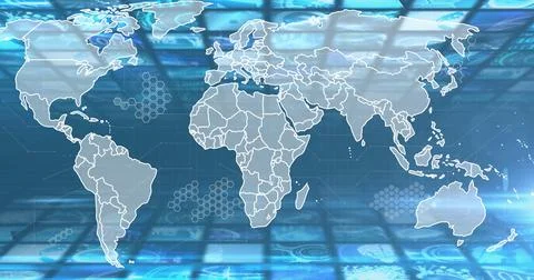 World map with hexagonal patterns and data processing image over blue background Stock Illustration