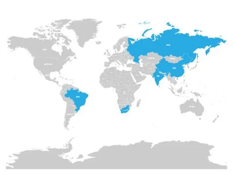 World map with highlighted member countries of BRICS - association of five major Illustrazione stock