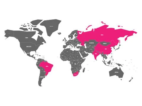 World map with highlighted member countries of BRICS - association of five major Illustrazione stock