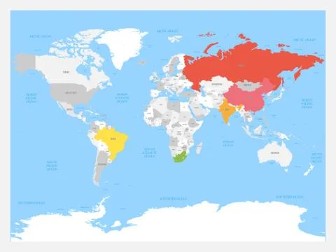 World map with highlighted member countries of BRICS - association of five major Illustrazione stock