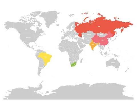 World map with highlighted member countries of BRICS - association of five major Illustrazione stock