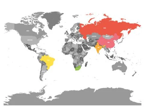 World map with highlighted member countries of BRICS - association of five major Illustrazione stock