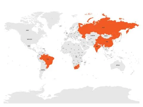 World map with highlighted member countries of BRICS - association of five major Illustrazione stock