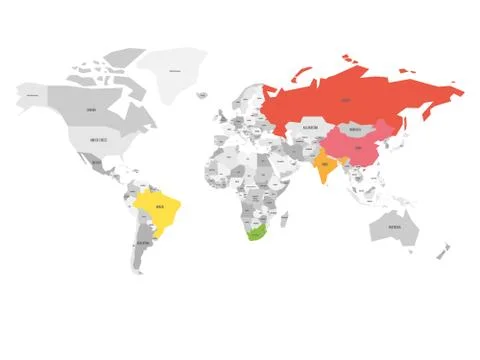 World map with highlighted member countries of BRICS - association of five major Illustrazione stock