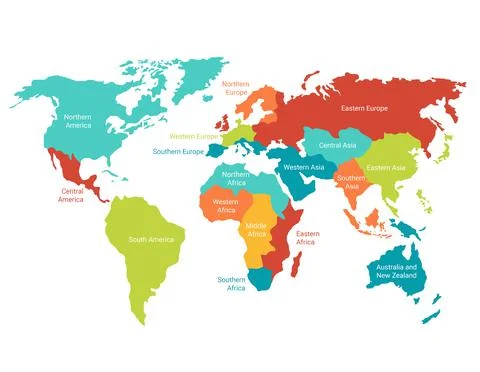 World map with highlighted territories. Colored continents with global Illustrazione stock