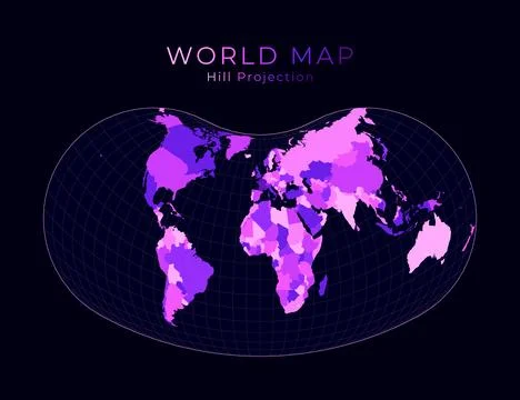 World Map. Hill eucyclic projection. Digital world illustration. Bright pin.. Stock Illustration