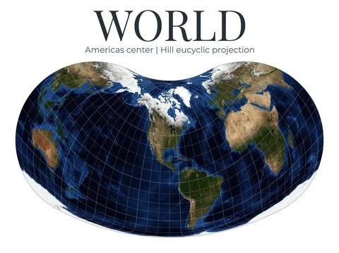 World Map. Hill eucyclic projection centered on Americas. High detail physi.. Ilustração Stock