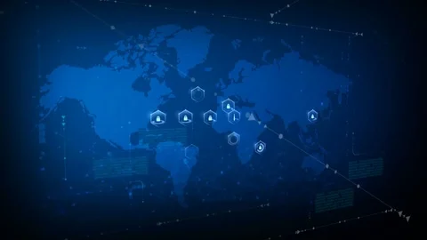 World map with honeycomb grid and lock security Stock Footage 73204231