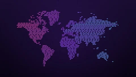 World map of horizontal dashed lines streaming like data in pink and purple Stock-Footage 348337634