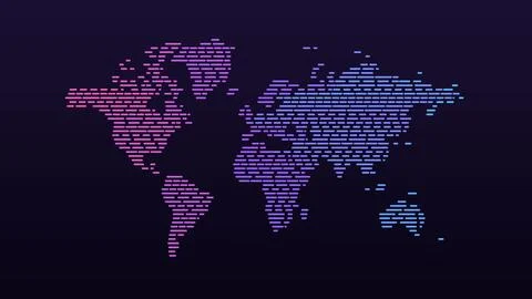 World map of horizontal dashed lines streaming like data in pink and purple.. Stock Illustration