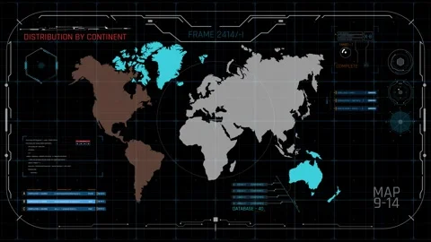 World Map HUD Interface with Distribution by Continent Data Analytics 動画素材 338433606