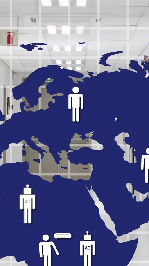 World map with human icons animation over office hallway background Stock Footage 343645246