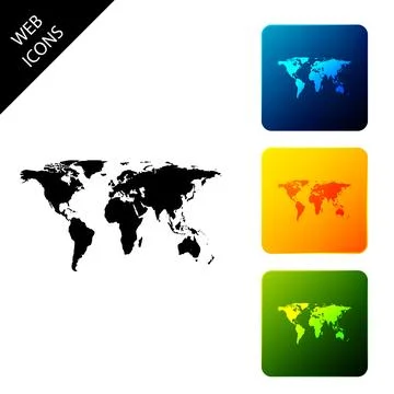 World map icon isolated on white background. Set icons colorful square buttons 스톡 일러스트