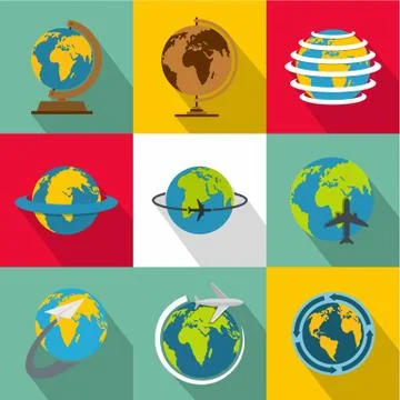 World map icons set, flat style Stock Illustration