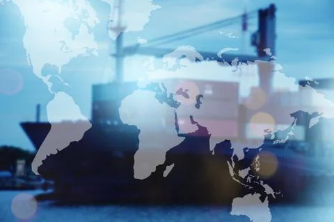 World map illustration with container ship blurred at background. Stock Photos