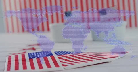 World map image over American flags and striped background Stock Illustration