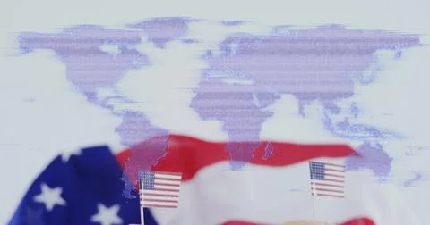 World map image over American flag and burgers with small USA flags Ilustração Stock