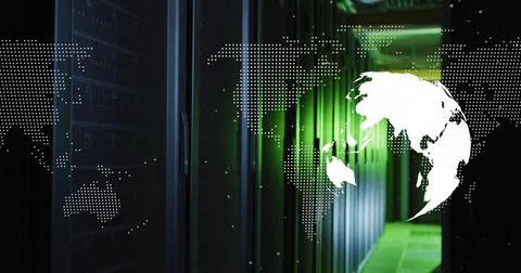 World map image over data servers in dimly lit server room 스톡 일러스트