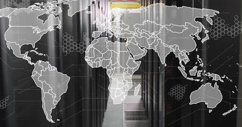 World map image over data center servers in hallway Stock Photos