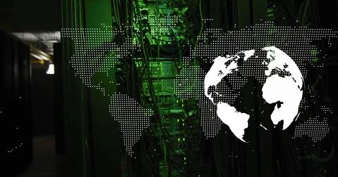 World map image over green-lit server room with network cables Illustrazione stock