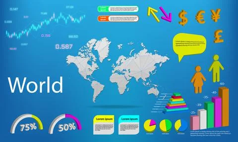 World map info graphics - charts, symbols, elements and icons collection. Det Illustrazione stock