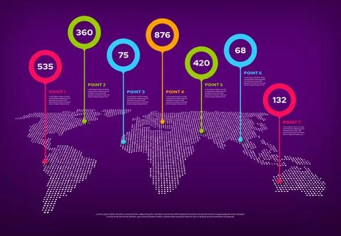 World map infographic with color pointers or pins Stock Illustration
