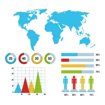 World map infographic demographic statistics graphs bars chart 库存插图