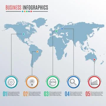 World map infographics with map pointers. 5 steps, options or levels for busines Stock Illustration