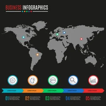 World map infographics template with 5 arrows and map pointers. 5 steps, options Stock Illustration