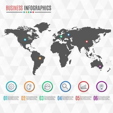 World map infographics template. 6 steps, options, levels, parts, or processes Stock Illustration