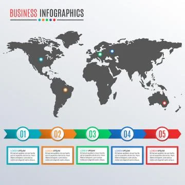 World map infographics template with arrows. 6 steps, options, levels, parts Illustrazione stock