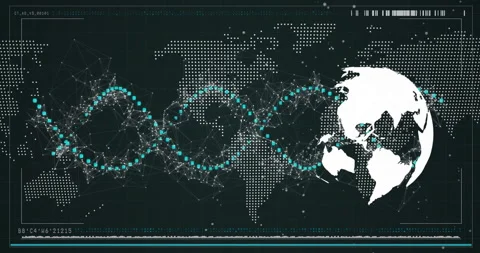 World map initiating node clusters forming tech helix weaving into globe, Stock Footage 313328795