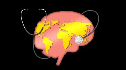 World Map Inside Human Brain With Stethoscope on Black background Illustration