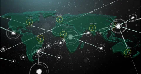 World map with interconnected cities and time zones, global network animation Stock Footage 307661779