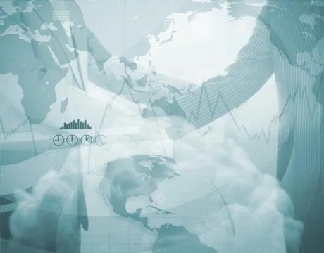 World map interface with graph and line and handshake Stock Illustration
