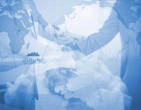 World map interface with graph line and handshake Stock Illustration