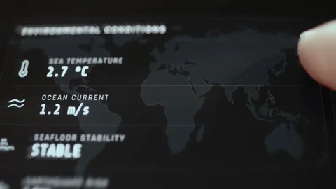 World map interface reports 2.7 degree sea temperature Stock Footage 342482177