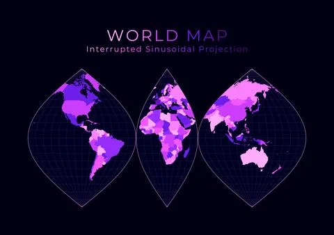 World Map. Interrupted sinusoidal projection. Digital world illustration. B.. Illustrazione stock