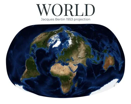 World Map. Jacques Bertin 1953 projection. High detail physical Earth view... Ilustração Stock