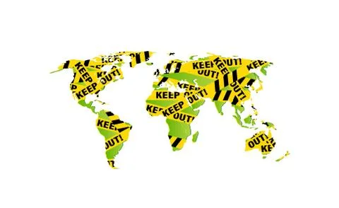 World map, Keep out police yellow ribbon, warning signs. Police tape, variation Stock Illustration