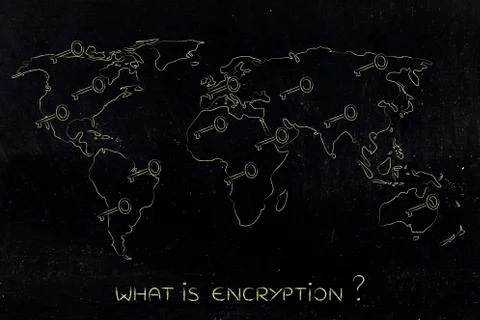 World map with keys, concept of encryption &amp; cryptography Stock Illustration