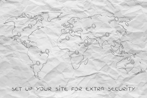 World map with keys, concept of passwords &amp; connection security Stock Illustration