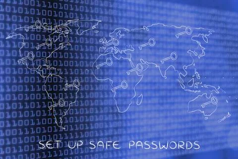 World map with keys, concept of passwords &amp; connection security Stock Illustration